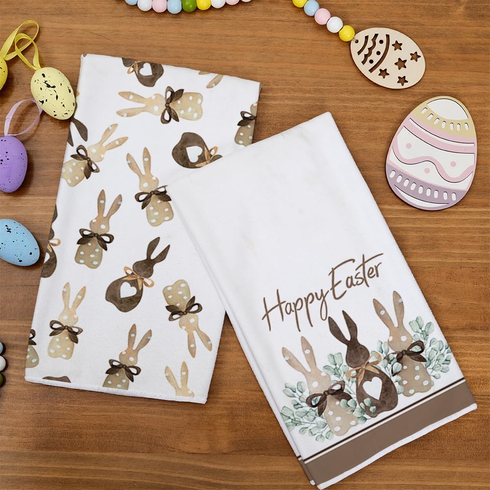 Easter Kitchen Towels,Beige Polka Dot Bunny Leaves Dish Towels 18x26 Inch Drying Dishcloth,Farmhouse Holiday - Set of 2