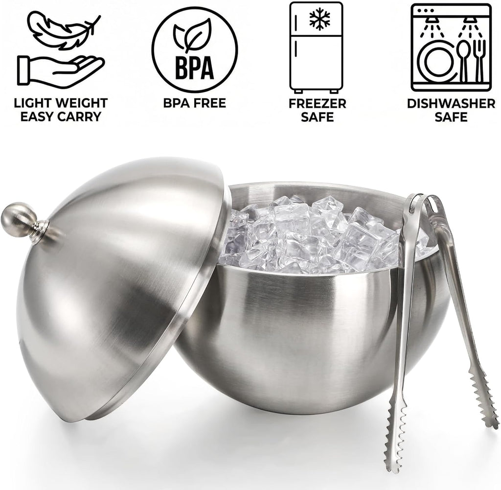 Ice Bucket with Lid, Double Insulation Ice Box Container Storage Box, 2 L Stainless Steel Ice Bucket Container