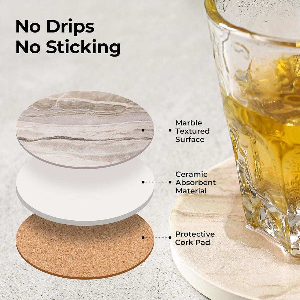Coasters, Absorbent Drink Coasters, Marble Style Ceramic Stone Coaster for Drink Tabletop Protection, Modern - Set of 6