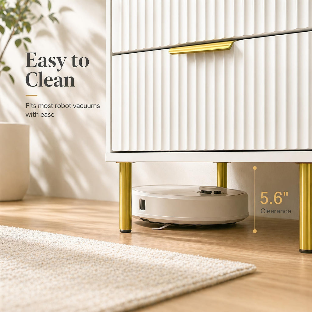 White and Gold Nightstand, 24" Tall Fluted Bedside Table, 3 Drawers