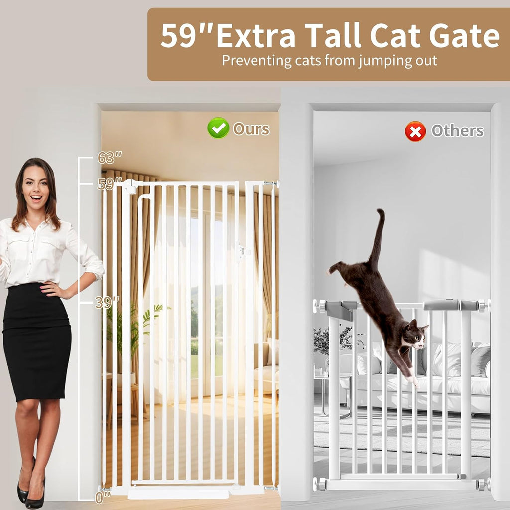 59" Extra Tall Cat Gate for Doorway, 29.4-33.4" Wide, White