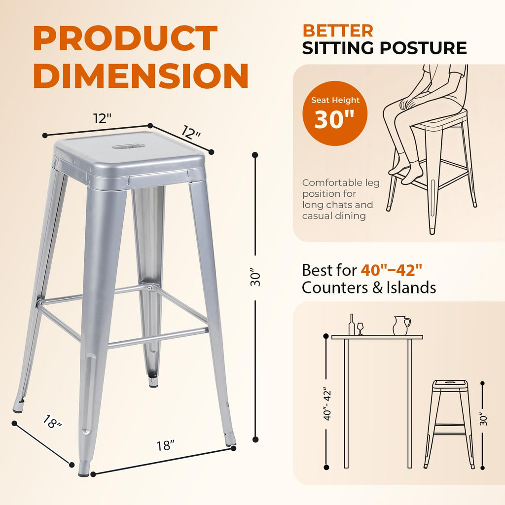 Moonlight Silver Metal Bar Stools Set of 2, 30"