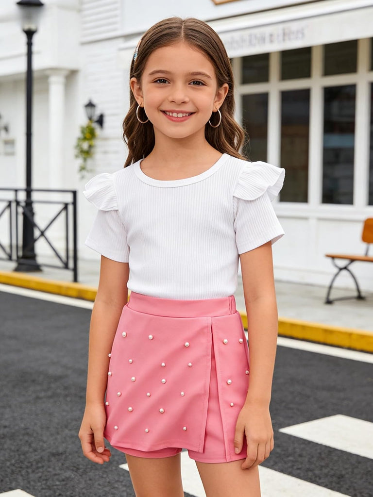 2 Piece Clothes Ruffled Sleeve Striped Top and Pearl Skirt Short Set Girl Summer Clothes