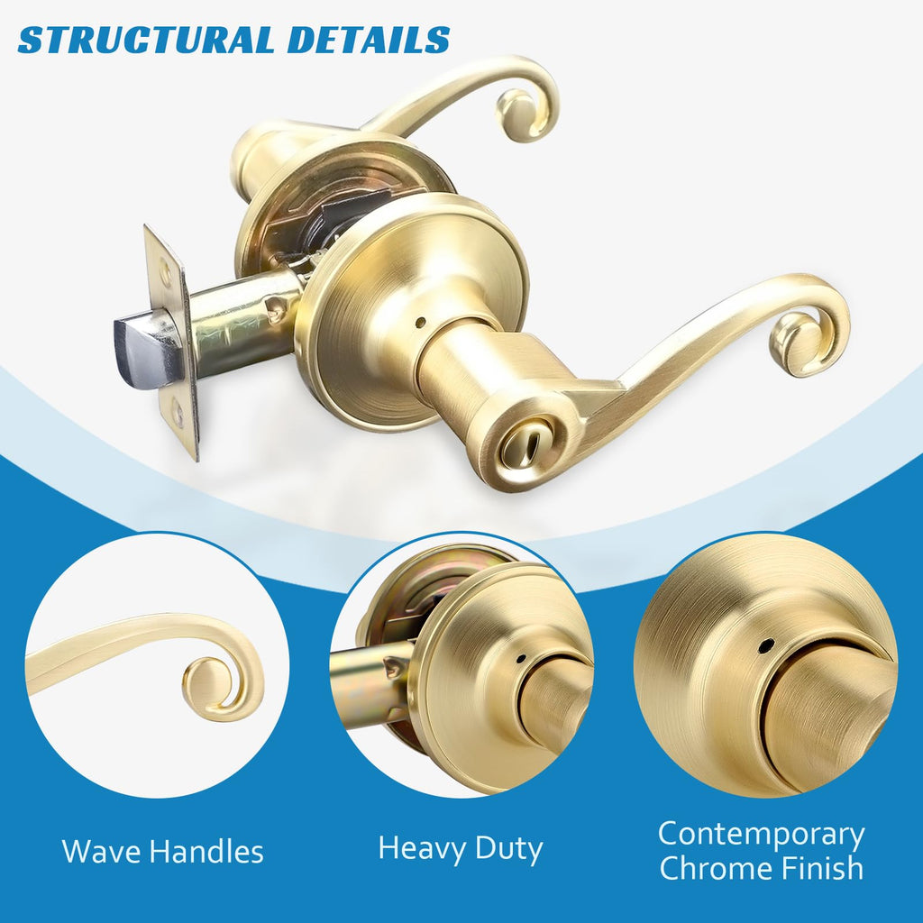 1 Pack Gold Door Handle, Wave Style Privacy Door Lever