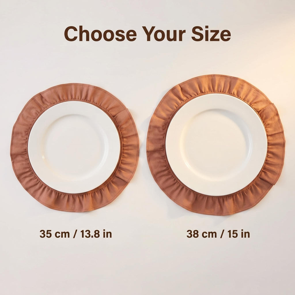 Round Ruffled Linen Blend Placemats, 15 Inch Scalloped Table Mats, Set of 4