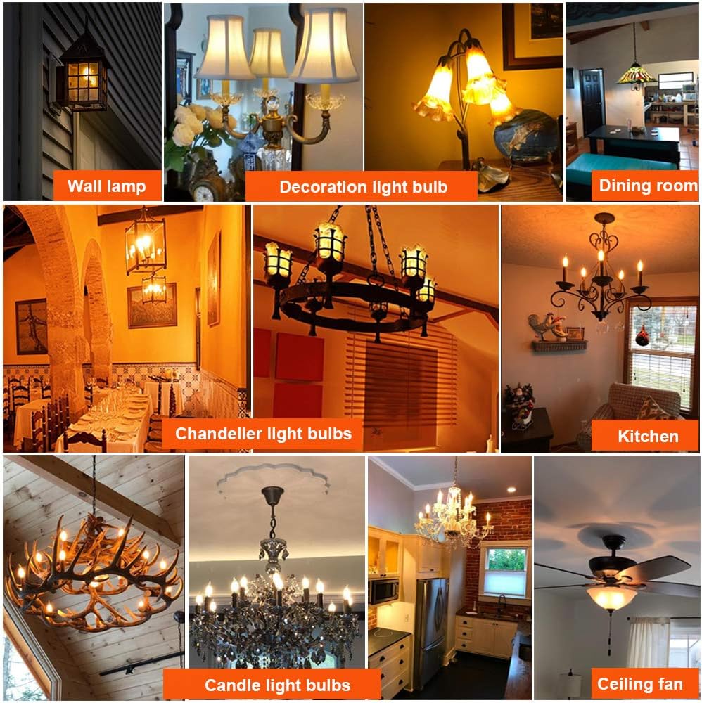 CA10 E12 Candelabra Bulb 40 watt,Amber Light Bulbs,2200K,6Pack