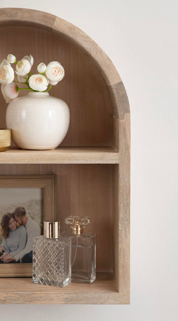 Arcott Modern Mango Wood Arched Wall Shelf, 16 x 20, Light Natural, Transitional Wooden Arch Wall Shelves for