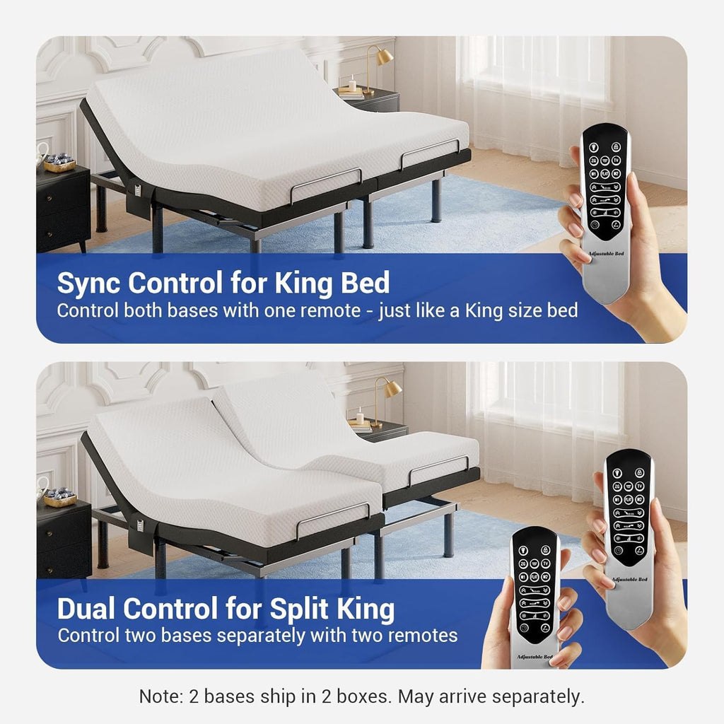 T600 Adjustable Bed Base with Massage & Remote, Syncable Split King Adjustable Bed Frame with Head & Foot Incline