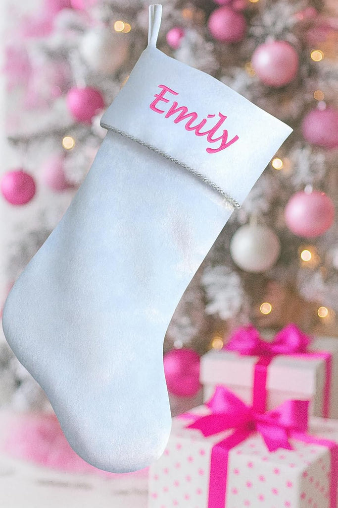 Elegant White Velvet Christmas Stocking | Luxury Christmas Decor with Silver Metallic Rope Trim | Winter Wonderland