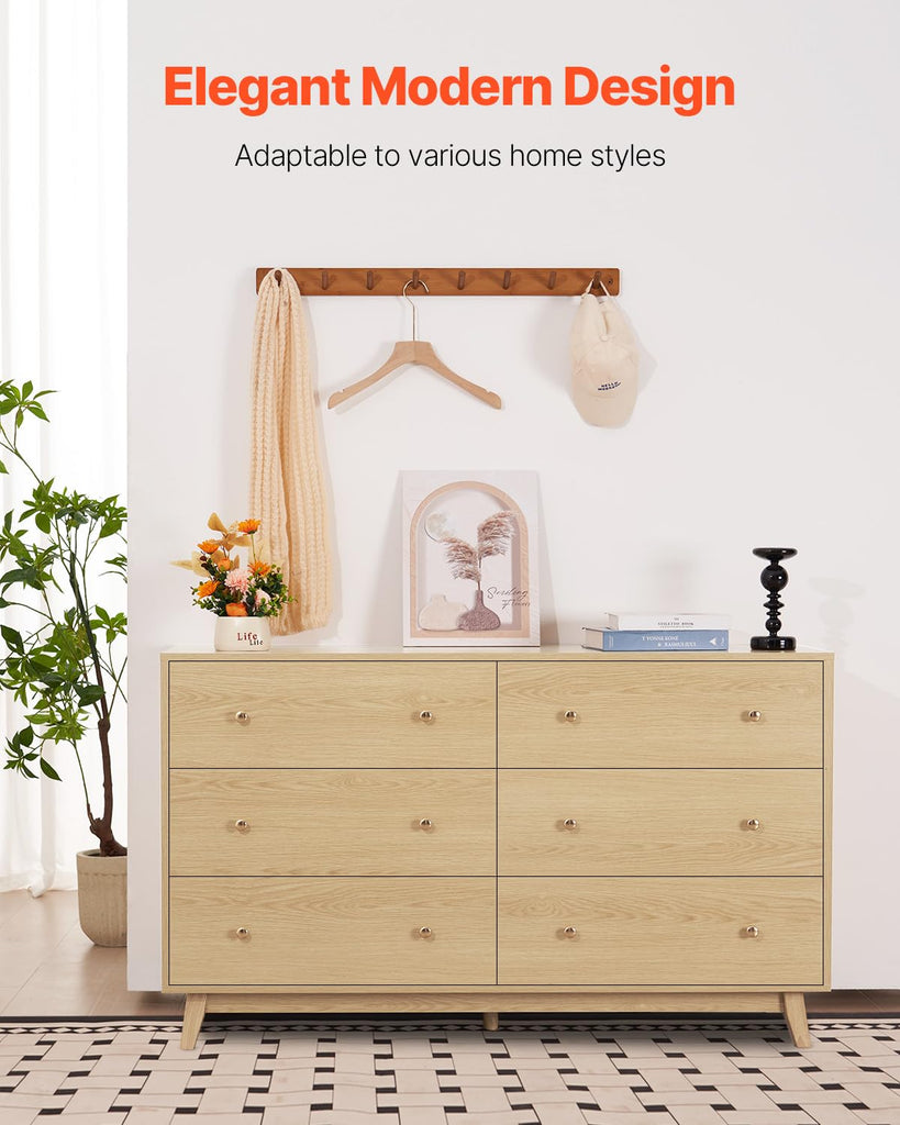 6 Drawer Dresser, Wooden Chest of Drawers with Sliding with Anti-tip Device, Modern Minimalist Dresser Chest, Closet