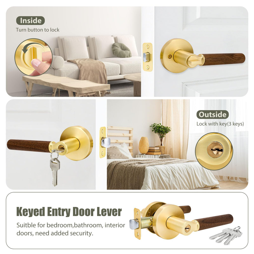 Walnut Wood Entry Door Lever(1 Pack,Stain Brass, Keyed)