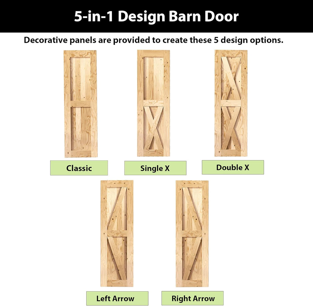 5-in-1 Design Solid Natural Pine Wood Barn Door, 26in Wide 84in High, Unfinished and Unassembled, wi