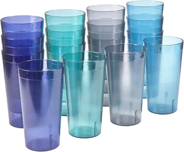 Cafe Plastic Reusable Tumblers (Set of 16) 20-ounce Water Cups Coastal Colors | Restaurant Style Drinking Glasses