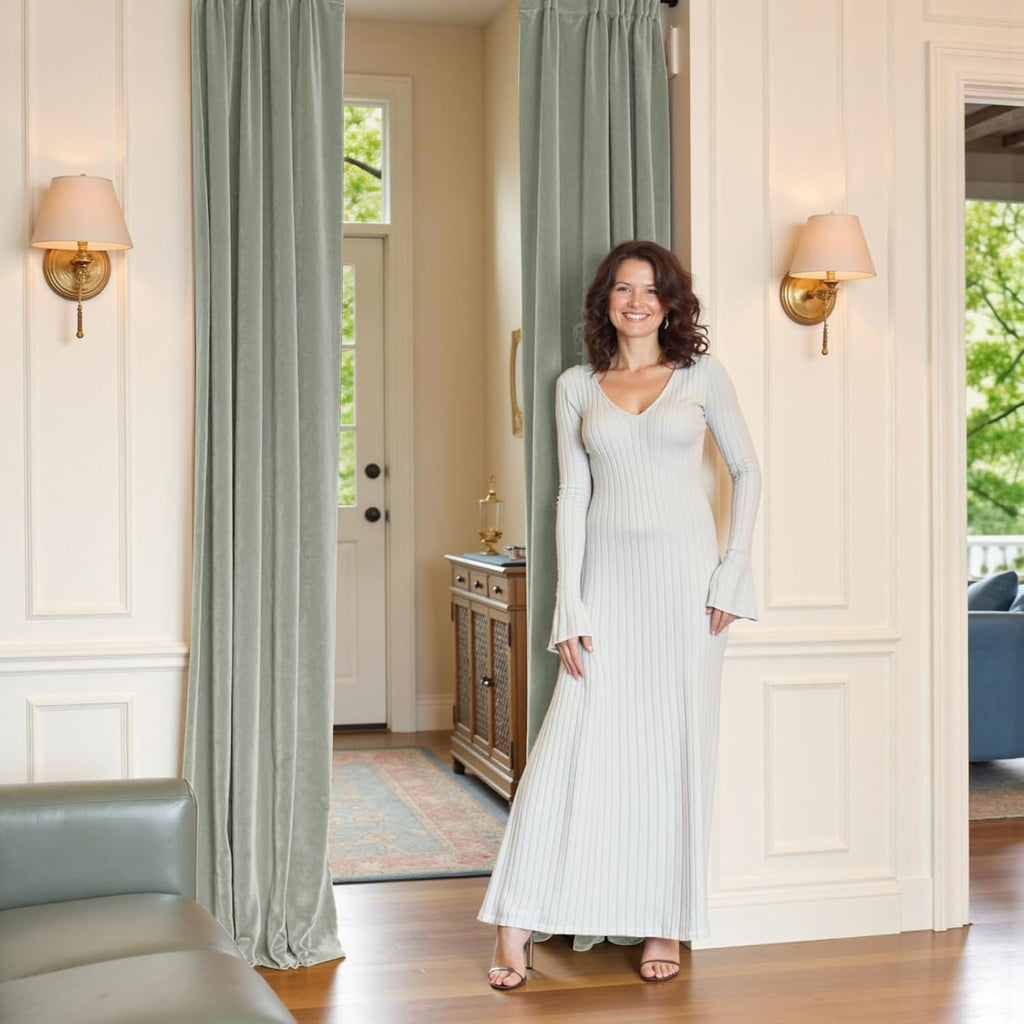 Green Velvet Curtains Blackout Thermal Insulated Curtains 96 Inch Long Window Drapes for Bedroom Living Room Super