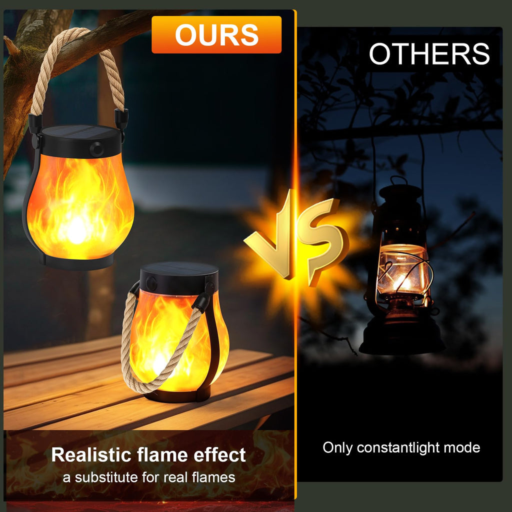 Solar Lanterns Outdoor, Ultra-Realistic Flickering Flame, USB & Solar Charging, 2 Lighting Modes, Waterproof Hanging