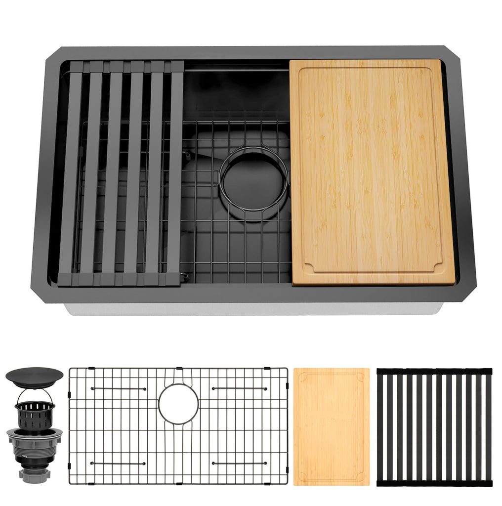 28 Inch Black Undermount, 16 Gauge Workstation Sink