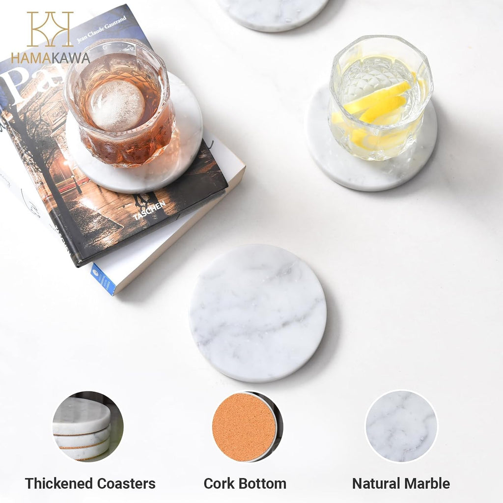 Real Natural Marble Coasters, Carrara White Coaster 4 inch, Modern Round Stone, Trendy Drink Coasters - Set of 4