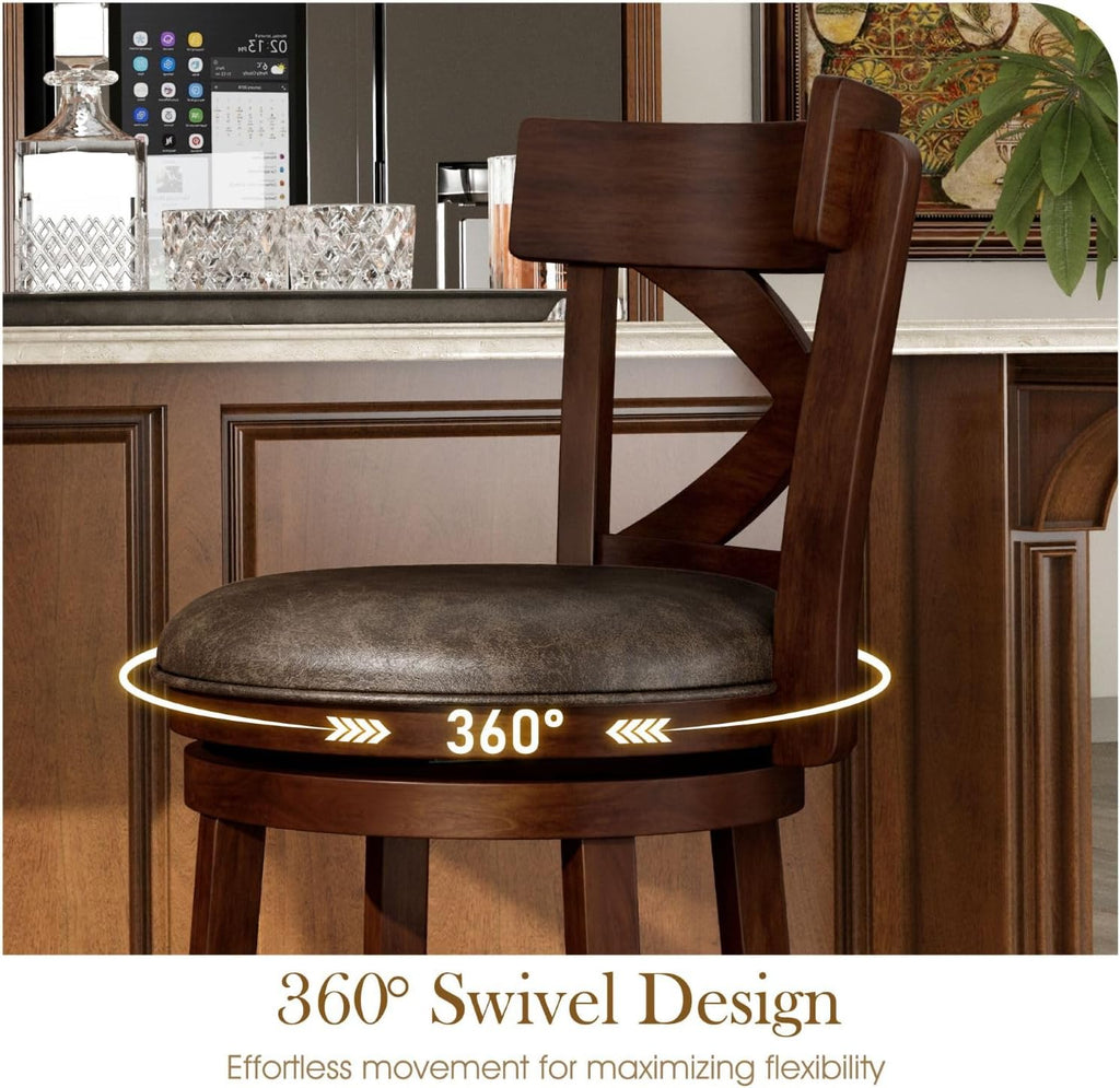 Swivel Bar Stools Set of 4, 30 Inch Bar Height Barstools with Cross Back & Solid Wood Legs,Faux Leather