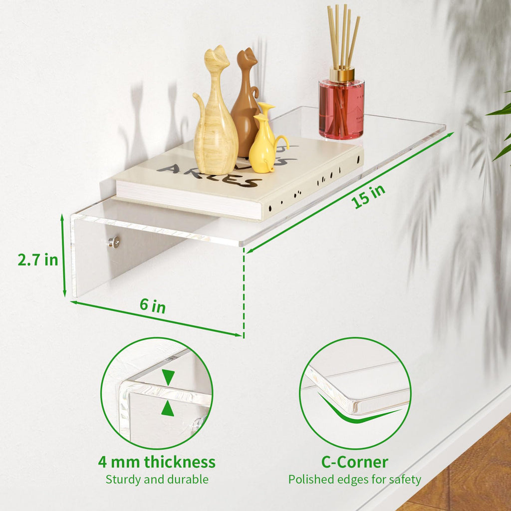 2 PCS 15" Acrylic Floating Shelves, Clear Shelf for Wall Display