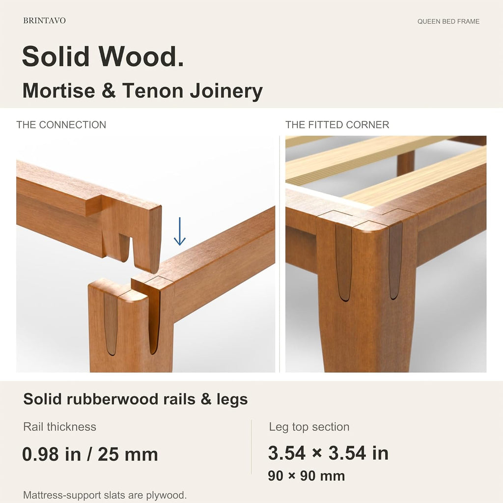 Bed Frame, Solid Rubberwood Main Frame with Plywood Slats, Japanese-Inspired Joinery, Tool-Free 10 Minute