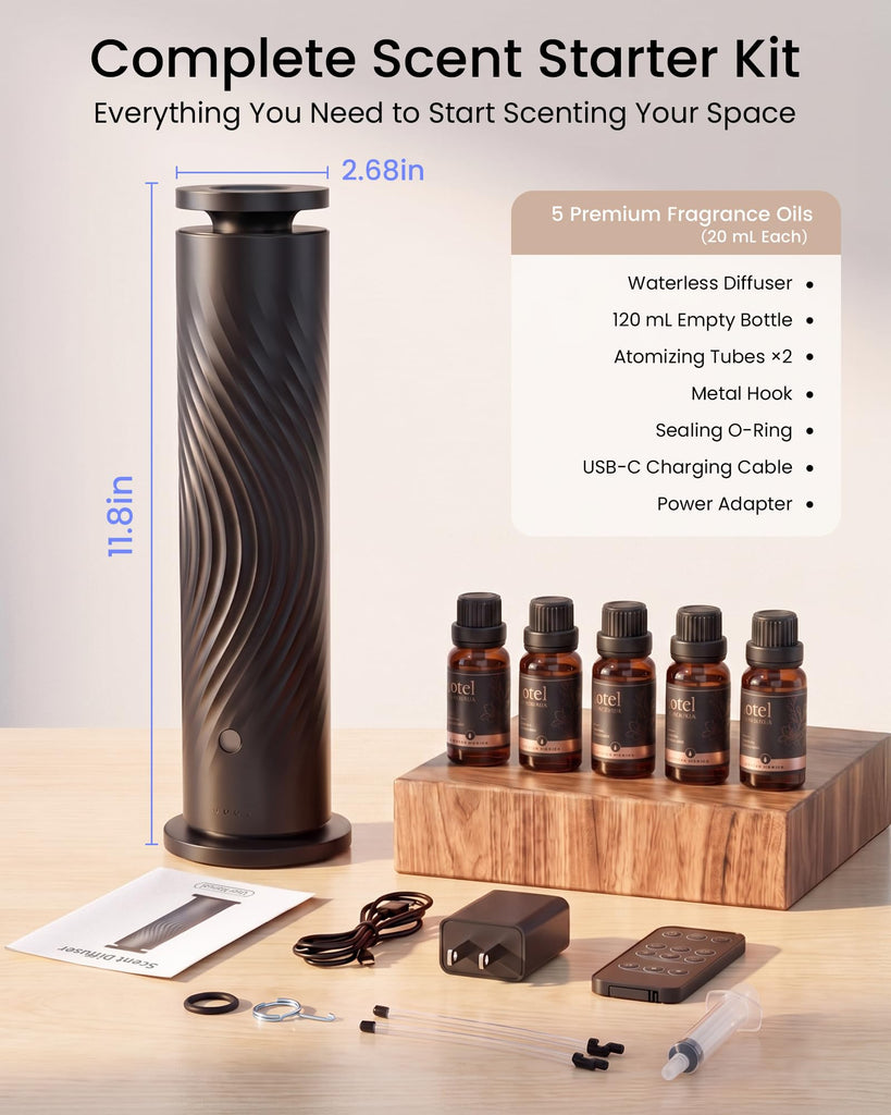 Waterless Essential Oil Diffuser, Starter Kit with 5 Oils