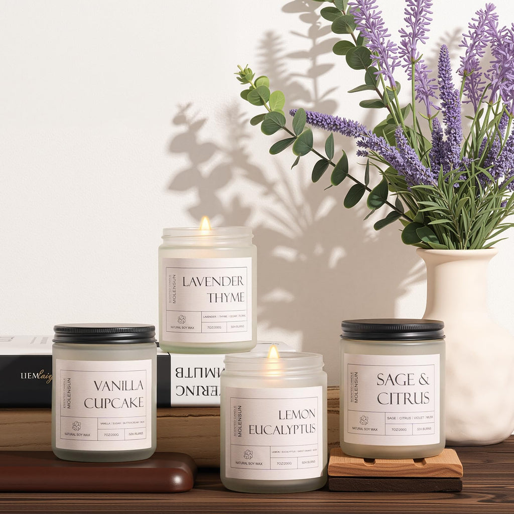 4 Pack Candles Scented, 28 oz Long Lasting Candles, Soy Set Gift for Women - Scents of Lemon Eucalyptus/Vanilla