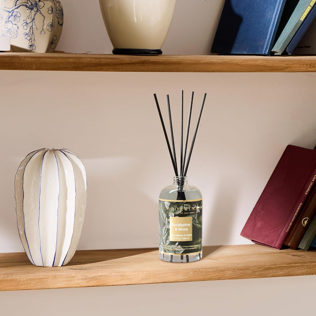 Reed Diffuser Refill Eucalyptus & Moss 17oz (500ml) with 8 Rattan Sticks - Premium Long-Lasting Essential Oil, Home - Set of 17