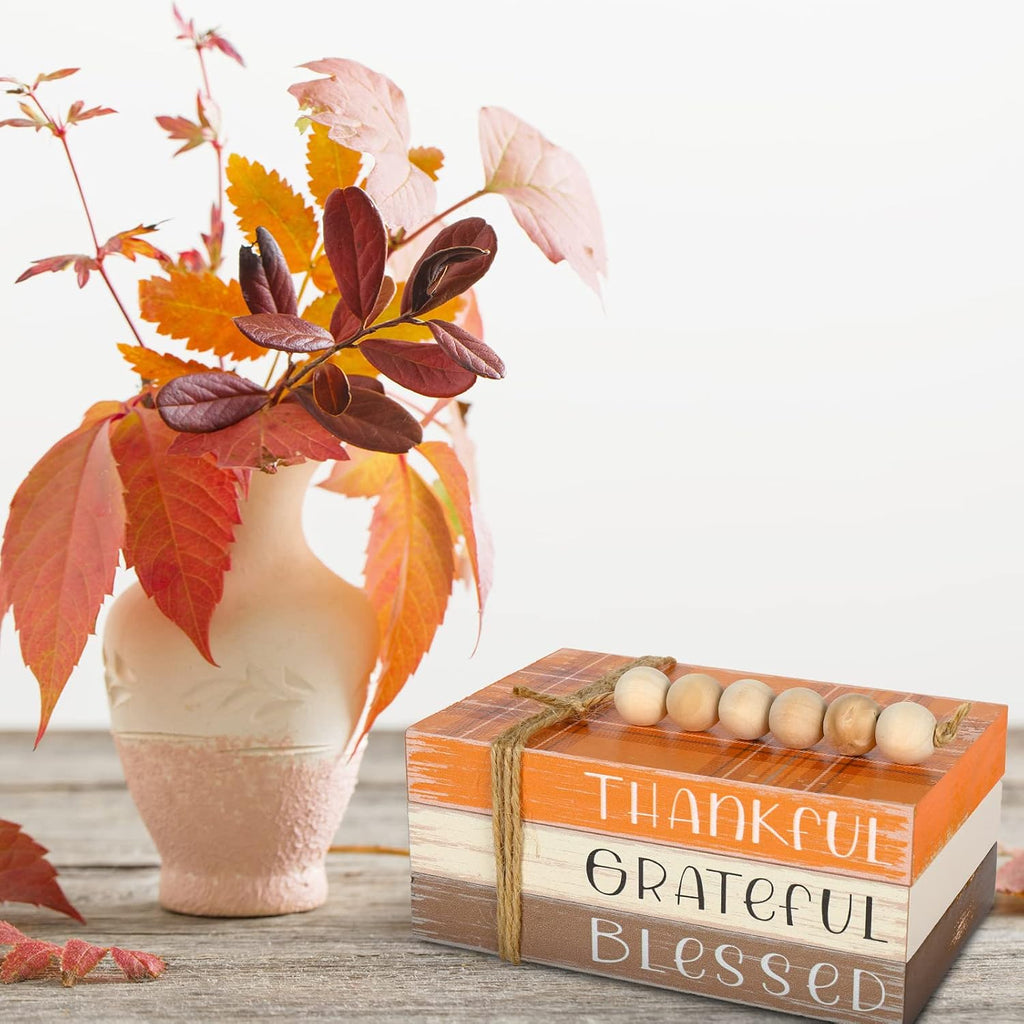 Fall Wooden Tiered Tray Decor Plaid Faux Decorative Stacked Books Bundle Thankful Grateful Blessed Wooden Block Sign