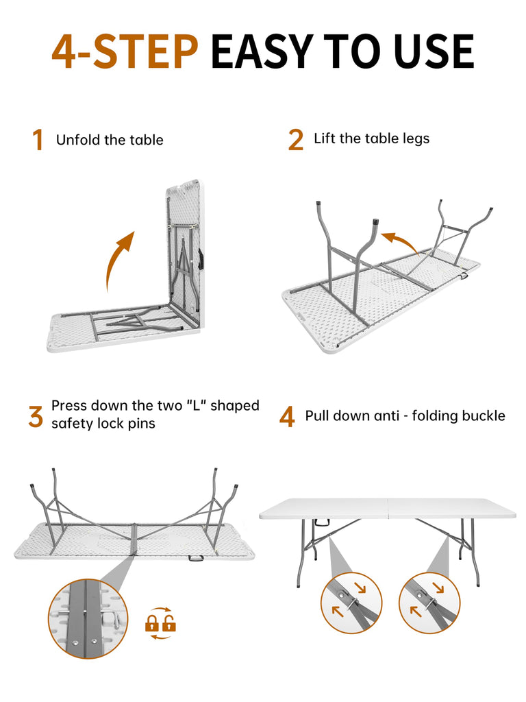 8ft Folding Table, Heavy Duty White Large Portable Foldable Table