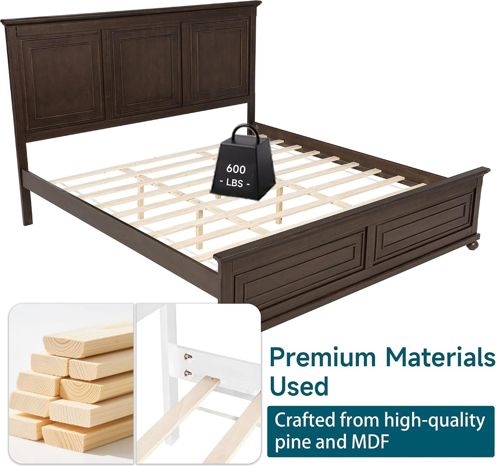 Farmhouse King Bed Frame with Tall Headboard, Wood Platform Bed and Footboard & Charging Station, Mid-Centery Rustic