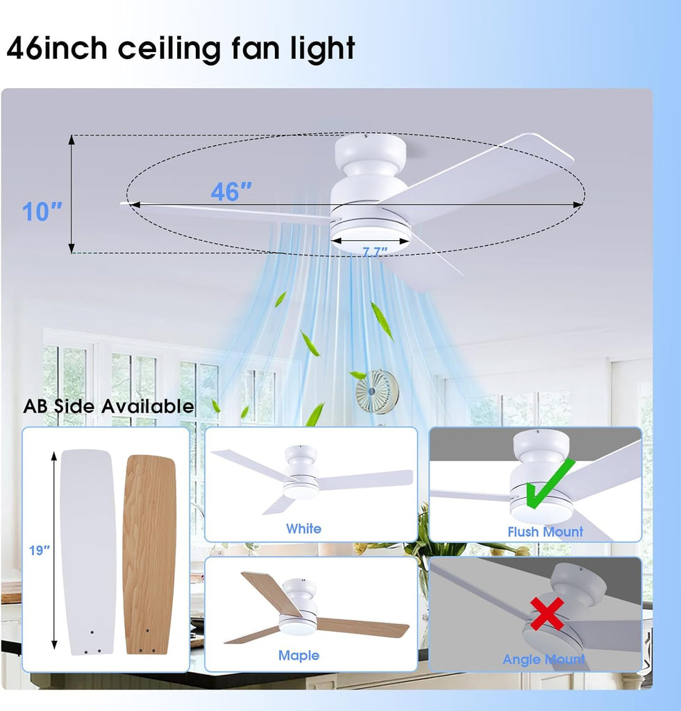 46 In Flush Mount Ceiling Fan with Light Remote/APP,3 Blades White