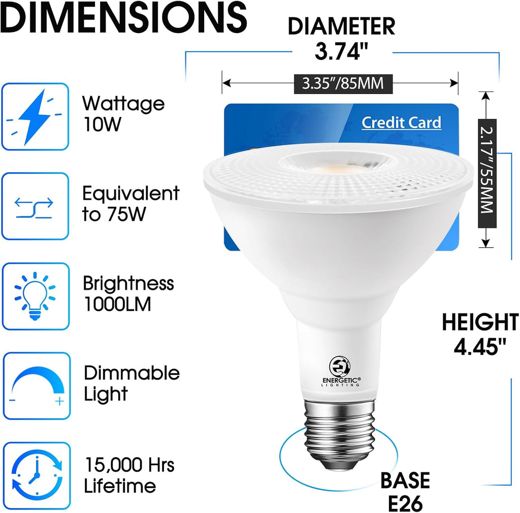 Energetic 2 Pack PAR30 LED Bulb Flood Light, 10W=75W Dimmable, E26 Base
