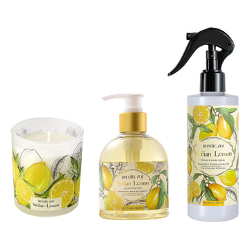 Home Fragrance Gift Set - Hand Soap, Candle & Room Spray,Lemon, Relaxing Self Care Bundle