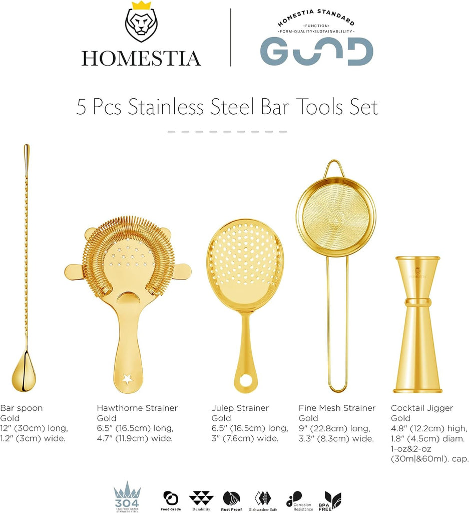 Cocktail Strainer Set, Stainless Steel Bar Tools Set, Gold - Set of 5