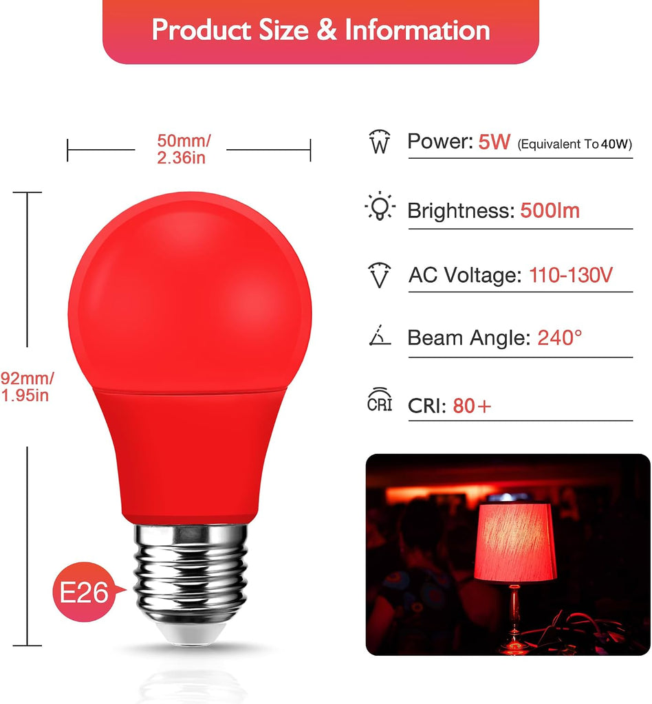 Red Light Bulb, 5W (40W Equivalent), E26 Base A15 LED Purple Bulb, Party Decoration, Porch, Home Lighting, Holiday