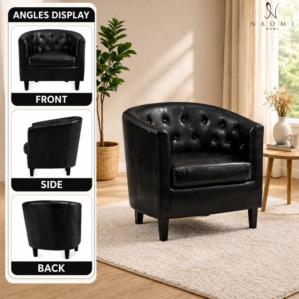 Emma Faux Leather Tufted Barrel Accent Chair - Black