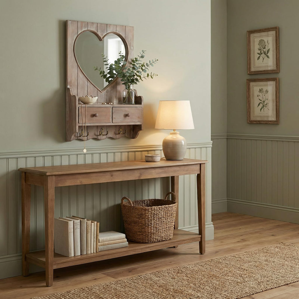 Rustic Farmhouse Wooden Entryway Mirror with Shelf and Hooks, 16"x24" Heart Shape Wood Frame Wall Mirror with Storage