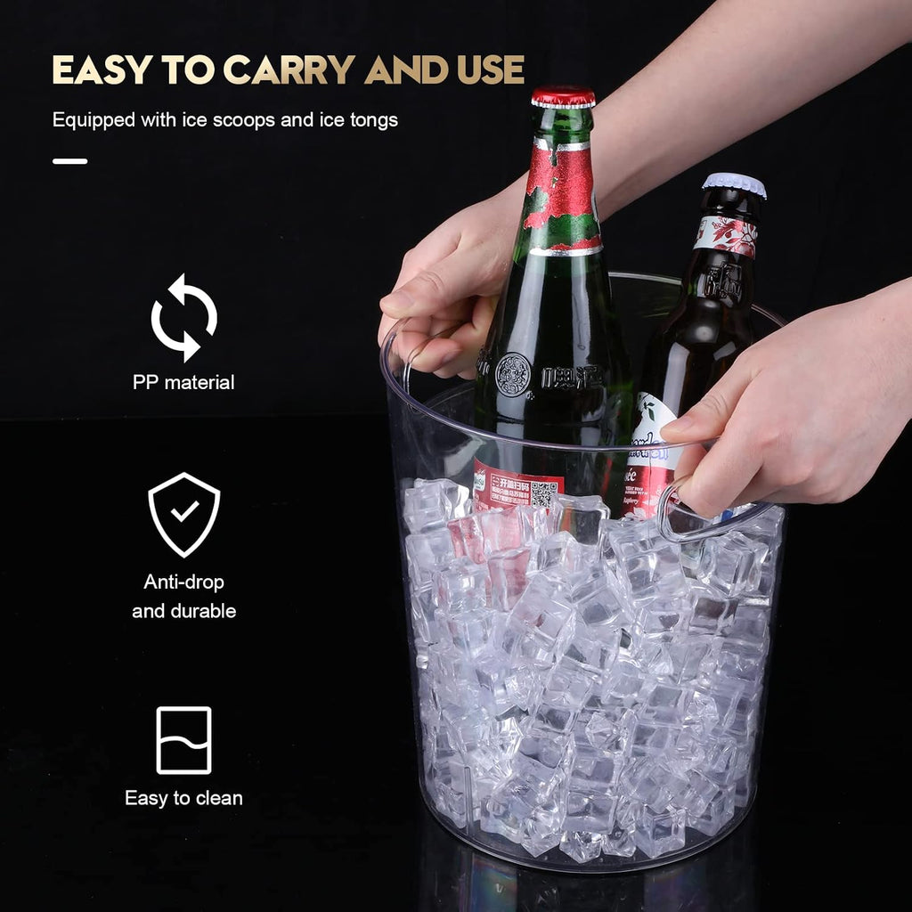 6 Set Plastic Ice Buckets for Parties with Handle, Scoop, Serving Tongs, Large Clear Ice Bucket Round Chiller
