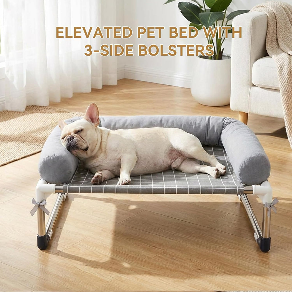 Elevated Dog Bed with 3 Sided Bolster - Raised Pet Cot for Small Dogs