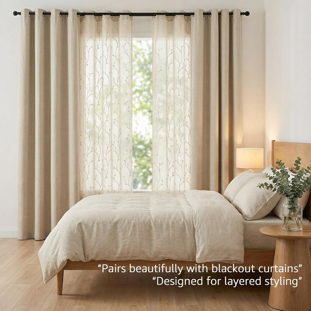 Sheer Curtains for Bedroom 96 Inch Length Leaf Embroidered Semi Sheers for Living Room Botanical Embroidery Voile