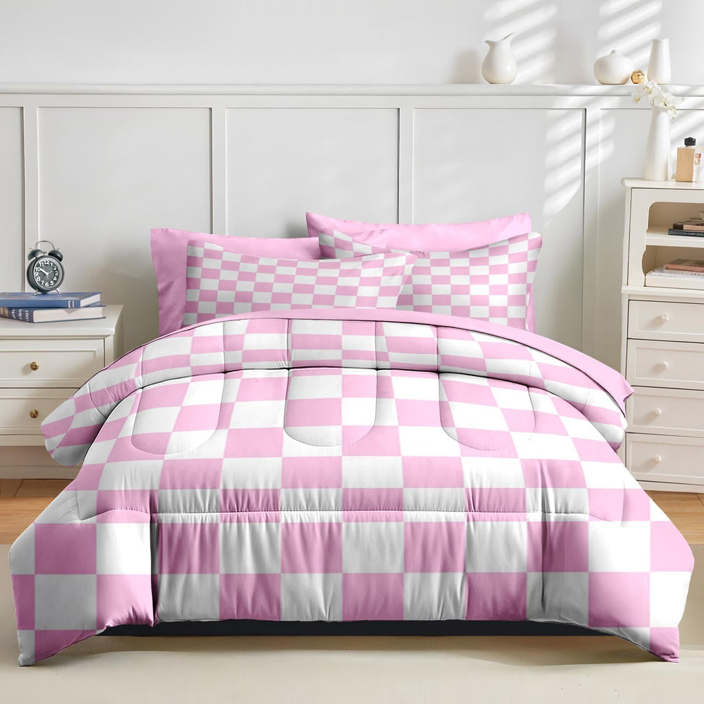 Comforter Set with Sheets, 7 Pieces Pink Plaid Bedding
