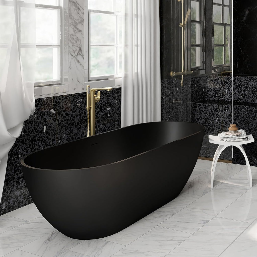 59" Free Standing Tub, Oval-Shaped Stone Resin Freestanding Bathtub Matte Black Solid Surface Soaking Tub with Drain