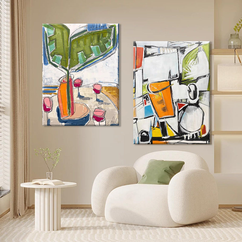 Framed 2pcs Abstract White Green Wall Art Geometric Print Colorful Dining Room Canvas Painting Modern Mexican Style