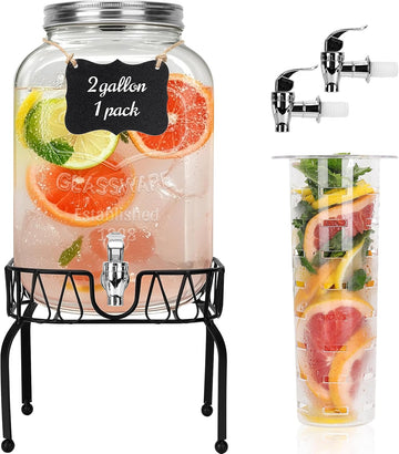 2 Gallon , 1 Pack Clear Beverage Dispenser for Party, BBQ and Picnic, Juice Dispenser with Ice Core, Black Stand