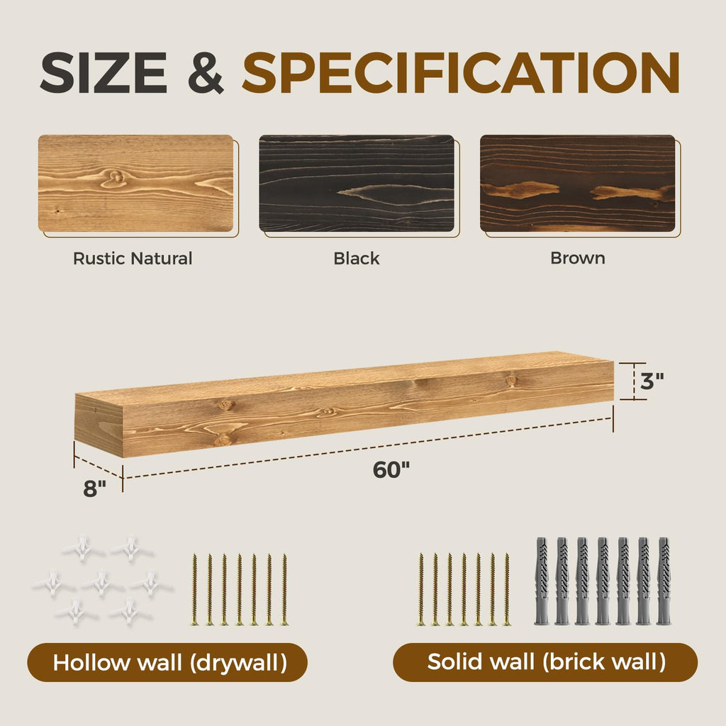60'' Fireplace Mantel, 3'' Thick Pine Wood Floating Shelf, Wood