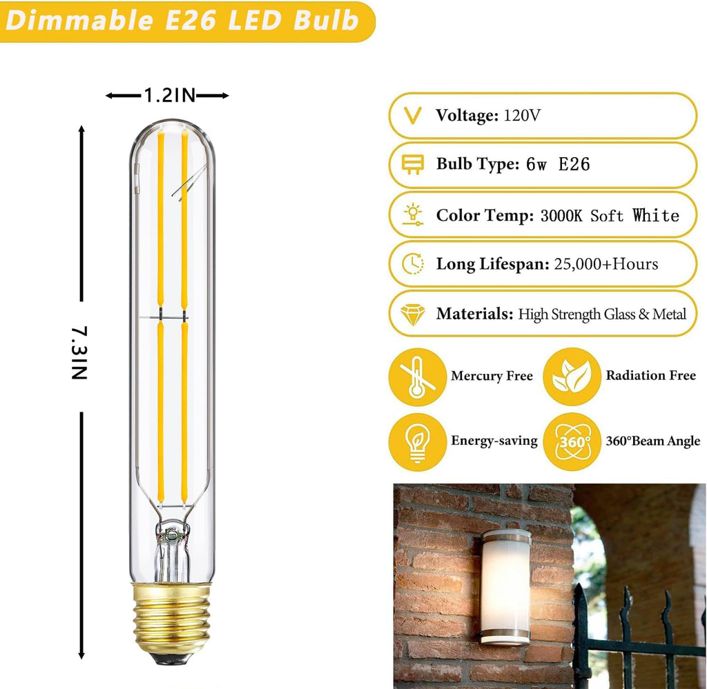 Dimmable E26 Tubular Light Bulb 60W Long Edison Bulb, T10 Led Bulb 3000K
