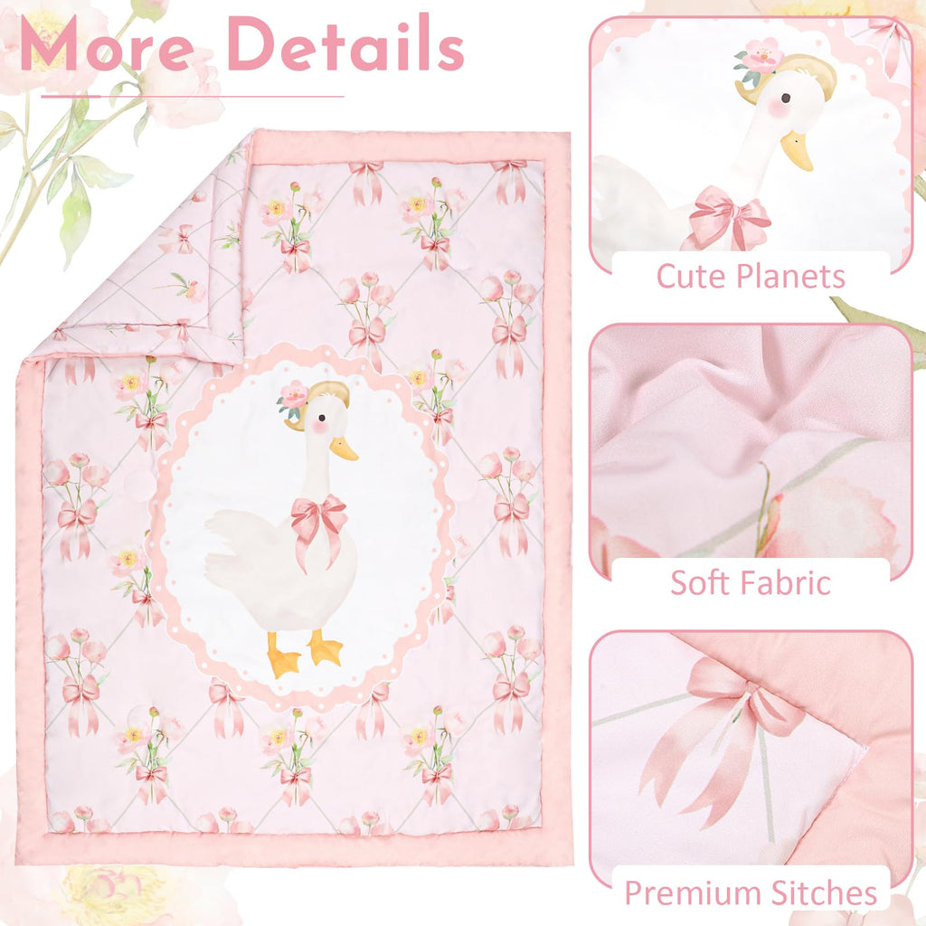 4-Piece Crib Bedding Set for Girls, Baby Nursery Bedding Sets Pink Includes Comforter, Fitted Crib Sheet, Crib Skirt
