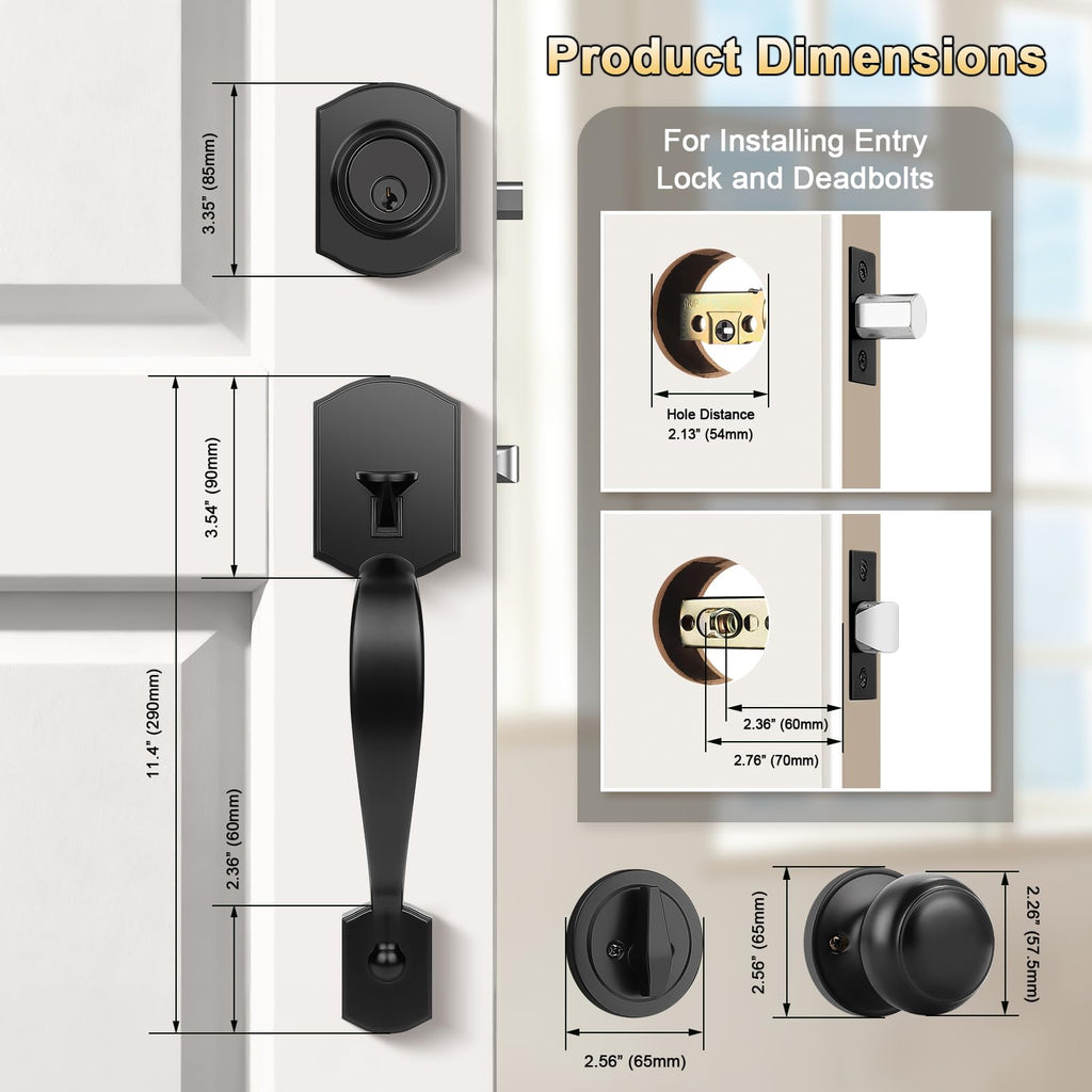 Matte Black Front Door Handleset, Exterior Door Lock Set with Deadbolt Single Cylinder Front Door Knob and Deadbolt