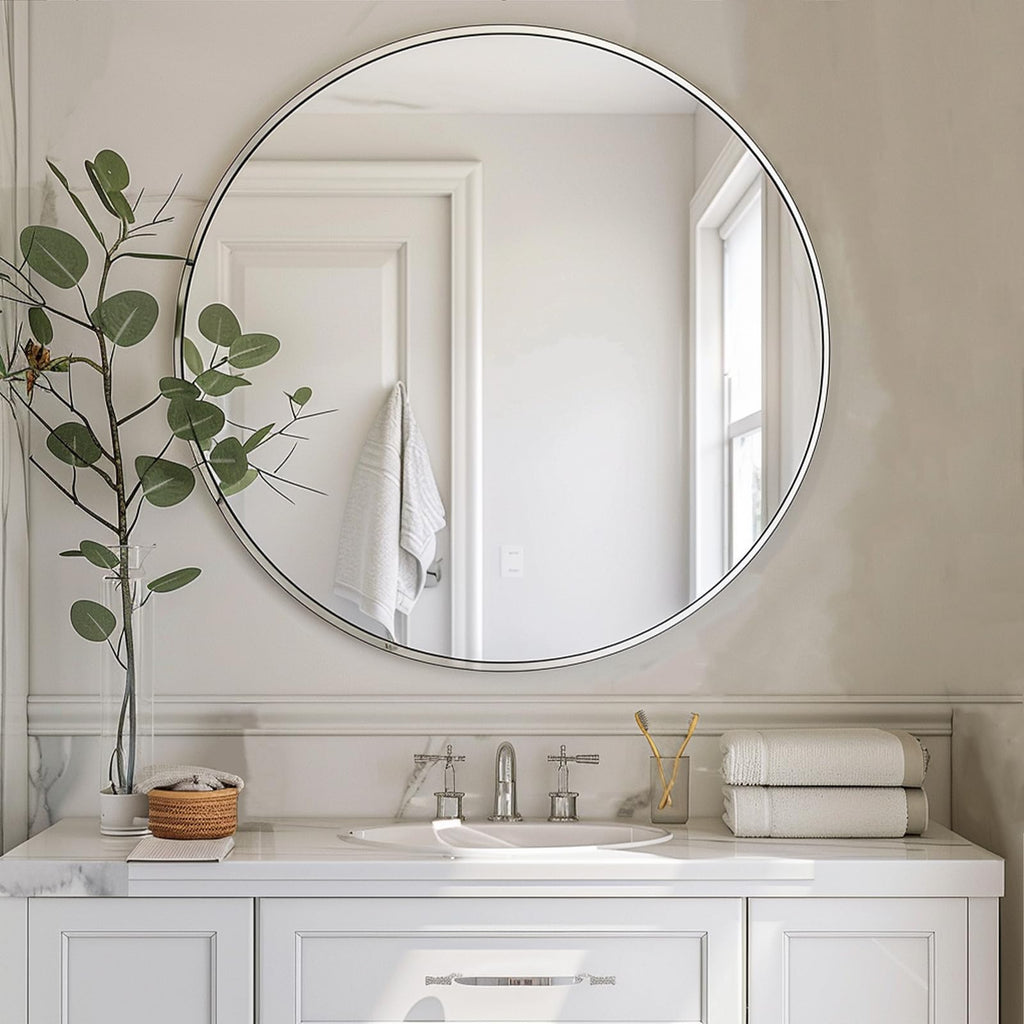 Round Mirror 22 inch, Nickel Bathroom Mirror, Brushed Metal Frame