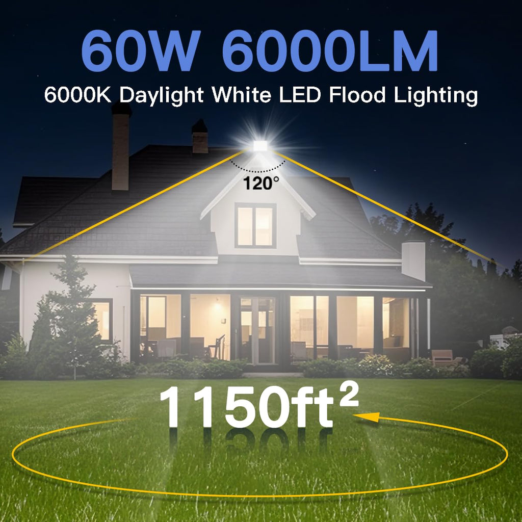2 Pack 60W Plug in LED Flood Light Outdoor, 6000lm Super Bright Floodlight with Switch and 5.9FT Wire, IP66